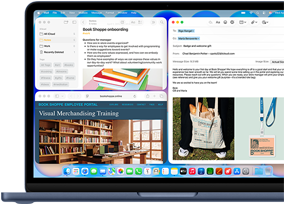 MacBook Neo na cor índigo, o ecrã mostra um email de boas-vindas para uma pessoa que começa a trabalhar numa livraria, outras janelas em mosaico contêm um documento de integração na app Notas e o site para funcionários da livraria no Safari