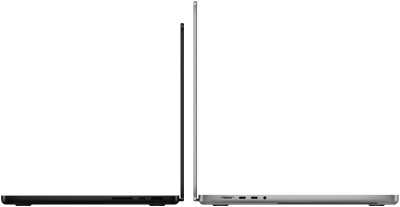 MacBook Pro de 14 e 16 polegadas de costas um para o outro, ilustrando a diferença de tamanho e salientando o perfil estreito