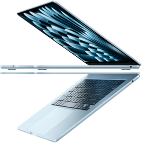 Animação de dois portáteis MacBook Air na cor azul-céu a abrirem em forma de seta para destacar o perfil fino