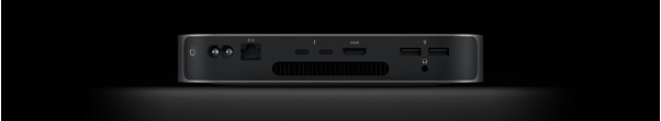 Vista traseira do Mac mini a mostrar duas portas Thunderbolt 4, porta HDMI, duas portas USB‑A, saída para auscultadores, porta Ethernet Gigabit, entrada de alimentação e botão de alimentação.