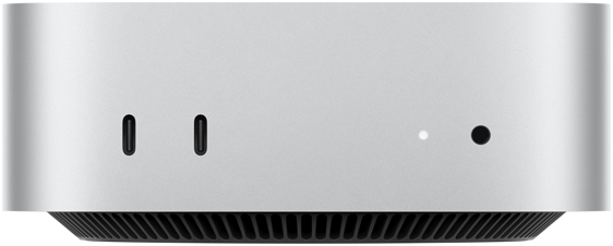 Vista frontal do Mac mini prateado com portas frontais