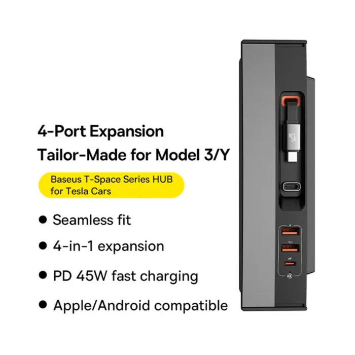 T-Space Series Hub For Tesla Cars (With A Retractable 45W Type-C Cabo) Cluster Preto