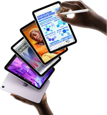 Cinco modelos iPad mini apresentados em leque numa mão. Um modelo mostra a câmara traseira e vista frontal dos outros quatro. Apple Pencil Pro a ser utilizado para tomar notas