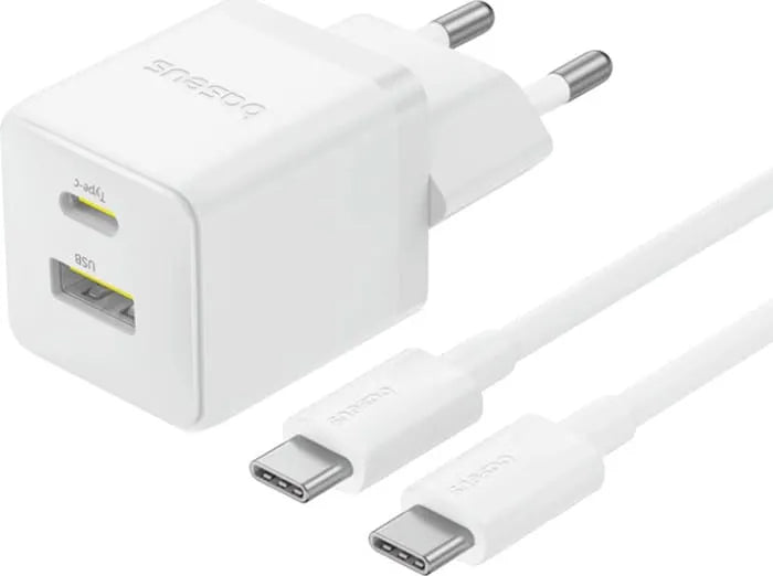 Baseus Carregador Palm Fast Charger C+U 30W Eu Moon White (With BASEUS Mini White Cable Usb-C )