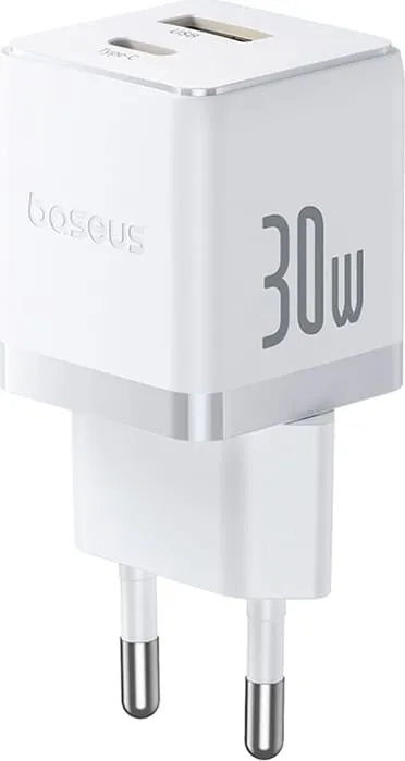 Baseus Carregador Palm Fast Charger C+U 30W Eu Moon White (With BASEUS Mini White Cable Usb-C )