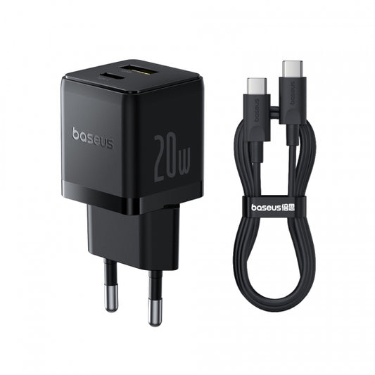 Baseus Carregador Palm Fast Charger C+U 20W Eu Cluster Black (With BASEUS Mini White Cable Usb-C To