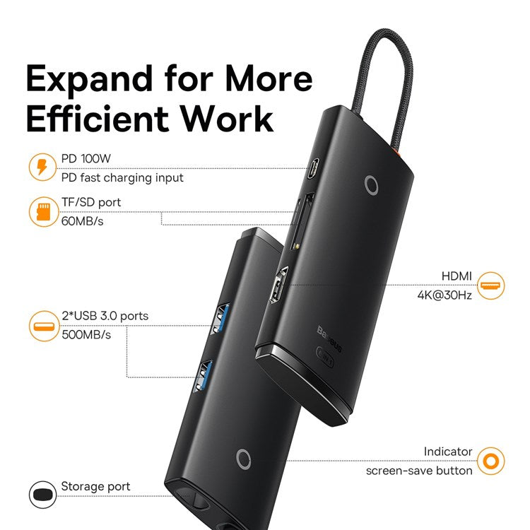 Hub 6em1 Usb-C para 2x Usb 3.0 + Usb-C PD + Hdmi + SD/TF