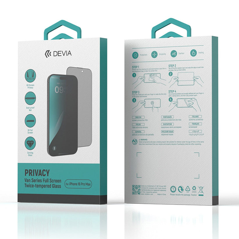 Vidro temperado Devia Full Face Privacy Van iPhone 16 Pro Max Preto (1 pc)