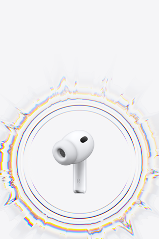 Auricular wireless AirPods Pro 3 com adaptador de silicone rodeado de ondas de som circulares
