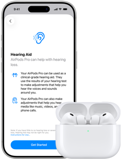 AirPods Pro 3 na Caixa de carregamento MagSafe e iPhone 17 Pro, com o texto "Aparelho auditivo" no ecrã
