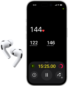 AirPods Pro 3 e metade inferior do ecrã do iPhone 17 Pro com a app Fitness a mostrar a frequência cardíaca