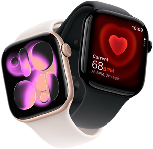 Vista lateral direita do Apple Watch Series 11, com caixa em alumínio rosa‑dourado, mostrador Responsive Art, Digital Crown, microfone, botão lateral, e Bracelete desportiva rosa leve, vista lateral direita do Apple Watch Series 11, com caixa em alumínio preto brilhante, Digital Crown, e Bracelete desportiva preta, app Frequência cardíaca no ecrã, a mostrar o valor atual de batimentos por minuto