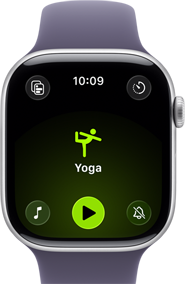 Apple Watch Series 11, com caixa em alumínio prateado, Digital Crown no lado direito, Bracelete desportiva roxo névoa, ecrã a mostrar um treino de ioga aberto