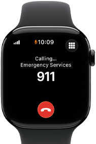 Apple Watch Series 11, com caixa em alumínio preto brilhante, Digital Crown no lado direito, Bracelete desportiva preta, ecrã a mostrar chamada para o 112