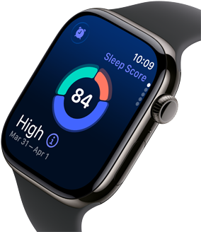Grande plano do Apple Watch Series 11 com caixa em titânio ardósia, a indicar a classificação do sono no ecrã