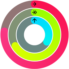 Anéis de atividade vermelho, verde e azul, que representam os objetivos de Movimento, Exercício e De pé na app Atividade