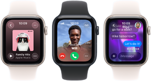 Três dispositivos Apple Watch SE 3 lado a lado, o primeiro a mostrar a app Apple Music, o segundo a mostrar uma chamada recebida e o terceiro a mostrar uma conversa no iMessage