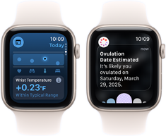 Dois dispositivos Apple Watch SE 3 com caixas em alumínio luz das estrelas, ecrãs a mostrar a app Sinais Vitais