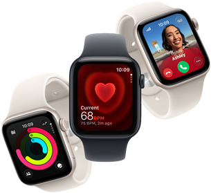 Três dispositivos Apple Watch SE 3 a flutuar uns ao lado dos outros