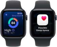 Dois dispositivos Apple Watch SE 3 com caixas em alumínio meia‑noite, um ecrã mostra a classificação do sono e o outro mostra um alerta de possível apneia do sono