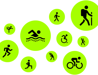 Ícones de treino com figuras animadas a correr, andar, nadar, usar uma cadeira de rodas, caminhar, andar de bicicleta, a fazer agachamentos, a dançar, a fazer alongamentos e ioga