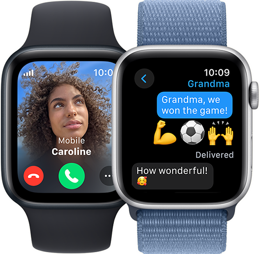 Dois ecrãs do Apple Watch SE. Um está a receber uma chamada. O outro mostra uma conversa na app Mensagens.