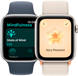 Dois modelos do Apple Watch SE. Um mostra a app Atenção plena com o estado de espírito em destaque. O outro mostra a seleção do estado "Muito agradável".