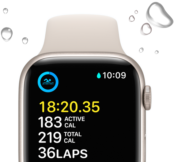 Apple Watch SE rodeado de gotas de água, a mostrar um treino de natação no ecrã.