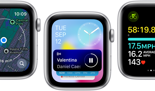 Vista frontal de ecrãs do Apple Watch SE a mostrar vários ecrãs de apps atualizadas.