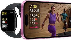 Apple Watch a mostrar métricas de treino e iPhone a mostrar uma sessão de treino com o Apple Fitness+