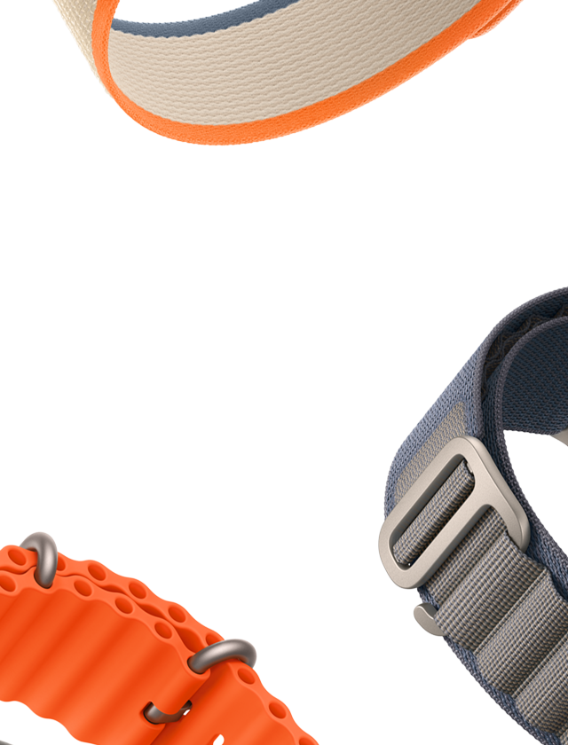 Loop Alpine azul, Loop Trail em laranja/bege e Bracelete Ocean laranja