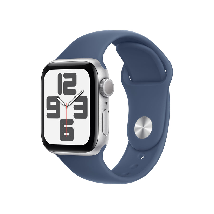 Apple Watch SE GPS, Caixa em alumínio prateado de 40 mm com Bracelete desportiva azul Denim - S/M