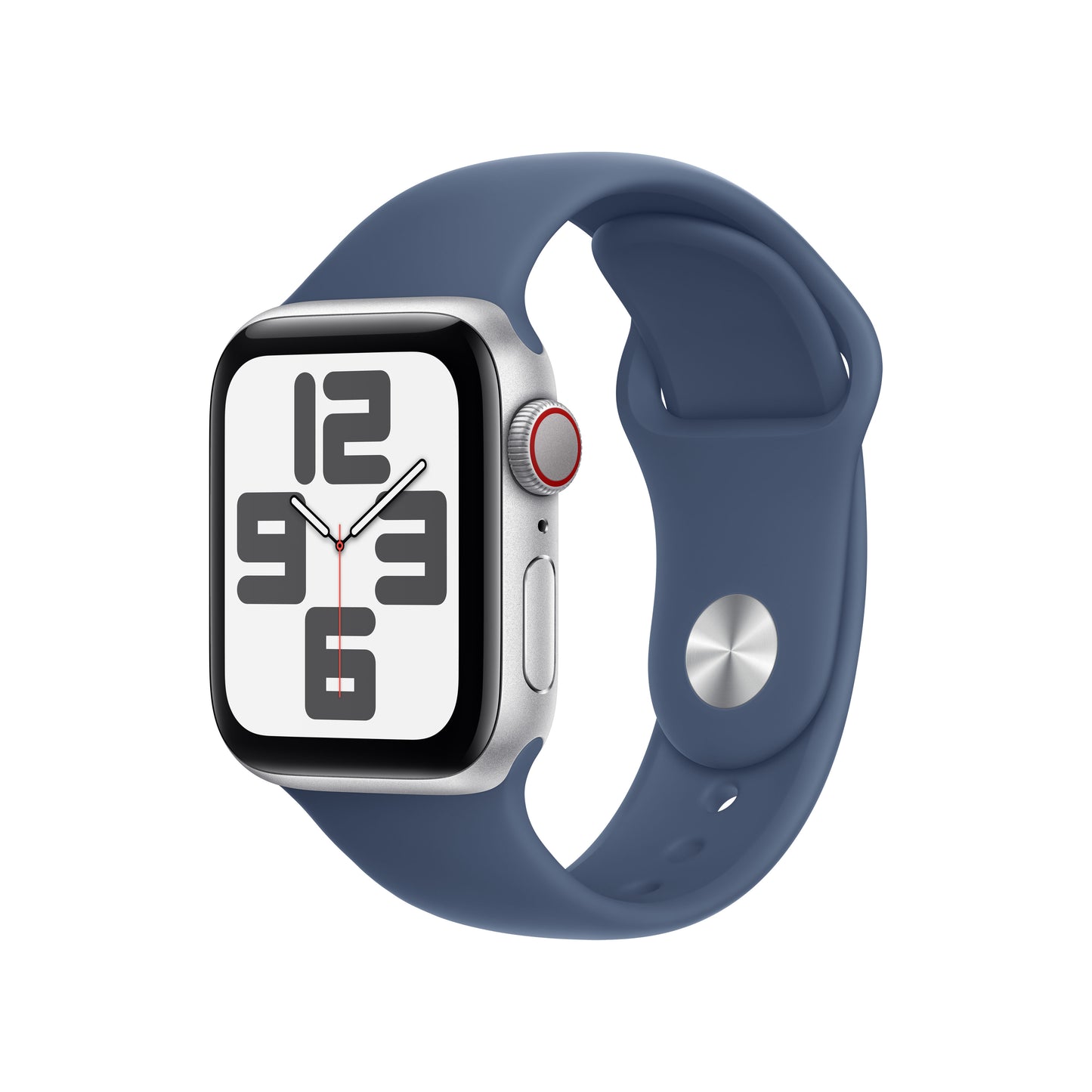 Apple Watch SE GPS + Cellular, Caixa em alumínio prateado de 40 mm com Bracelete desportiva azul Denim - S/M