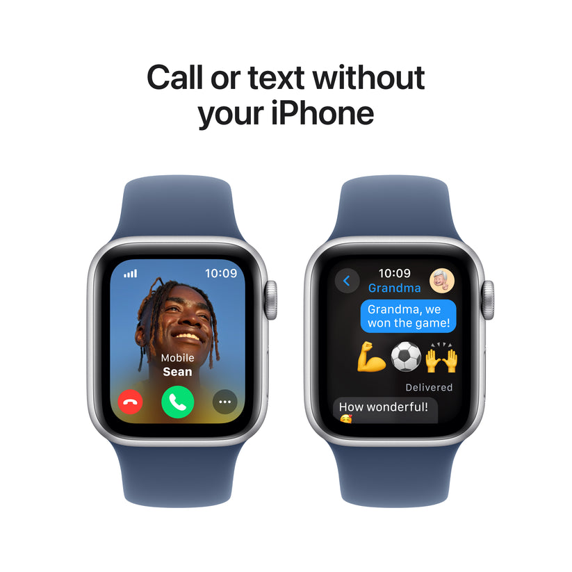 Apple Watch SE GPS + Cellular, Caixa em alumínio prateado de 40 mm com Bracelete desportiva azul Denim - S/M