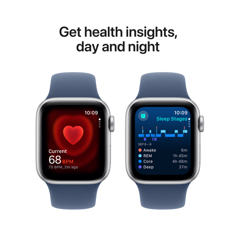 Apple Watch SE GPS + Cellular, Caixa em alumínio prateado de 40 mm com Bracelete desportiva azul Denim - S/M