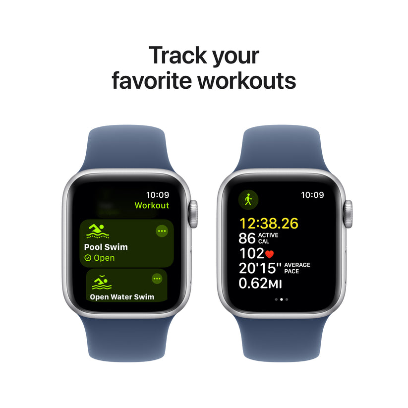 Apple Watch SE GPS + Cellular, Caixa em alumínio prateado de 40 mm com Bracelete desportiva azul Denim - S/M