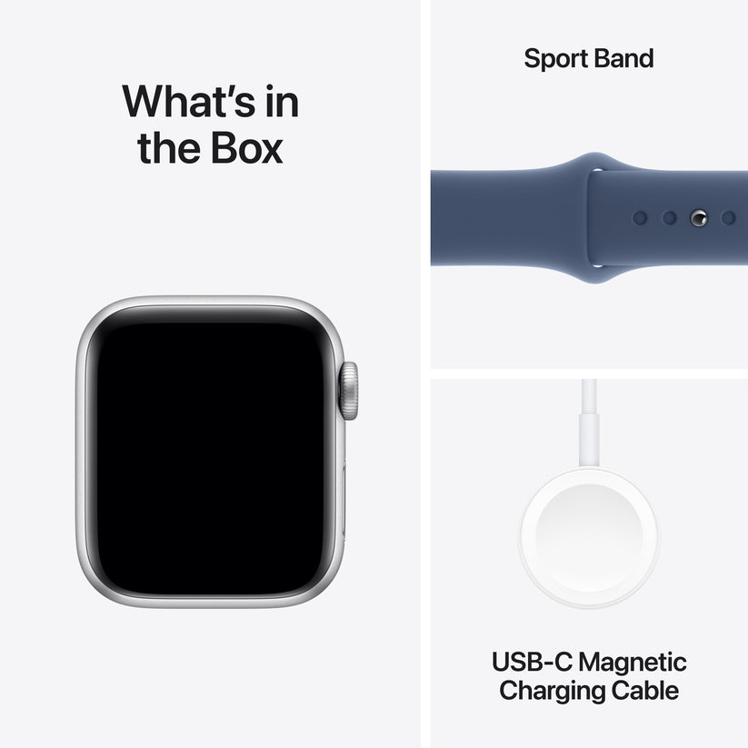 Apple Watch SE GPS + Cellular, Caixa em alumínio prateado de 40 mm com Bracelete desportiva azul Denim - S/M