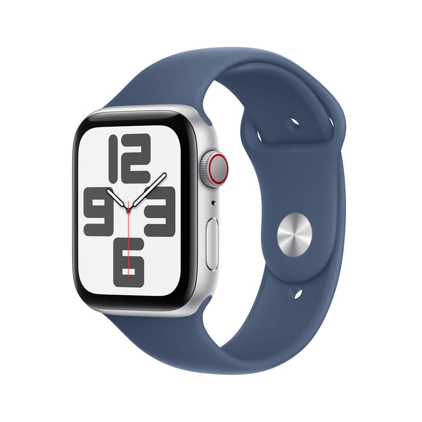 Apple Watch SE GPS + Cellular, Caixa em alumínio prateado de 44 mm com Bracelete desportiva azul Denim - S/M