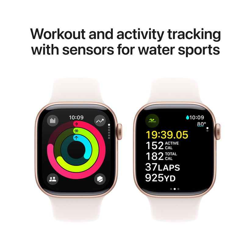 Apple Watch Series 10 GPS, Caixa em alumínio rosa-dourado de 42 mm com Bracelete desportiva rosa leve - M/L