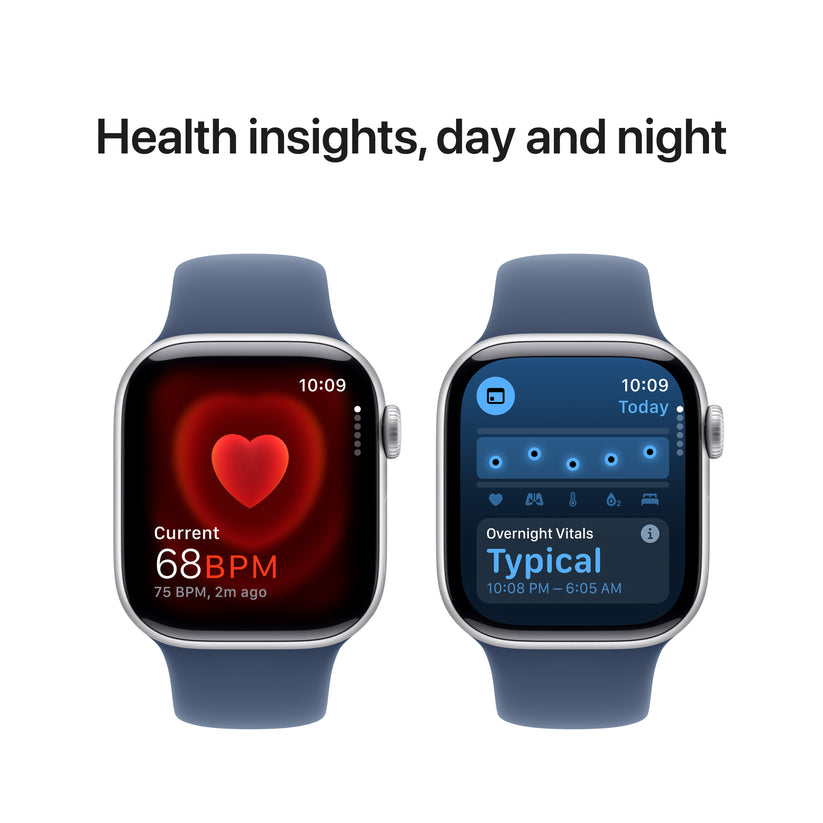 Apple Watch Series 10 GPS + Cellular, Caixa em alumínio prateado de 42 mm com Bracelete desportiva azul Denim - M/L