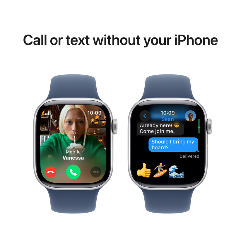 Apple Watch Series 10 GPS + Cellular, Caixa em alumínio prateado de 42 mm com Bracelete desportiva azul Denim - M/L