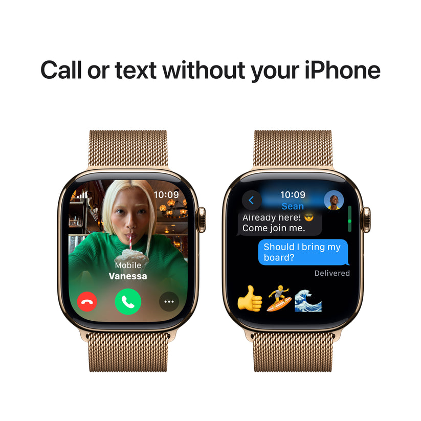 Apple Watch Series 10 GPS + Cellular, Caixa em titânio dourado de 46 mm com Loop milanesa dourada - S/M