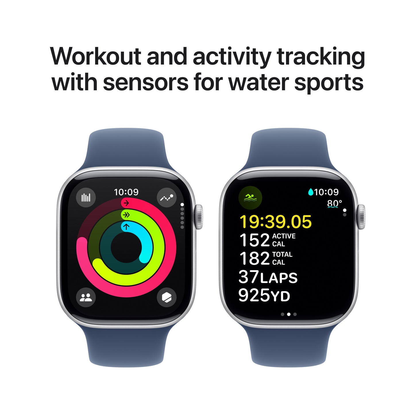 Apple Watch Series 10 GPS + Cellular, Caixa em alumínio prateado de 46 mm com Bracelete desportiva azul Denim - S/M