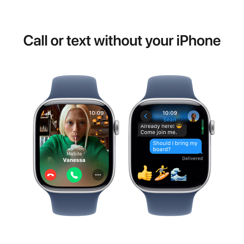 Apple Watch Series 10 GPS + Cellular, Caixa em alumínio prateado de 46 mm com Bracelete desportiva azul Denim - S/M