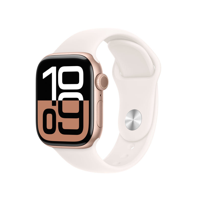 Apple Watch Series 10 GPS, Caixa em alumínio rosa-dourado de 42 mm com Bracelete desportiva rosa leve - M/L