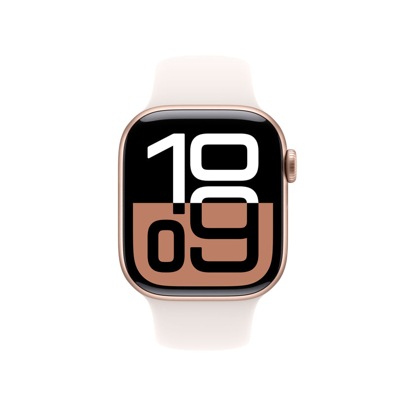 Apple Watch Series 10 GPS, Caixa em alumínio rosa-dourado de 42 mm com Bracelete desportiva rosa leve - M/L