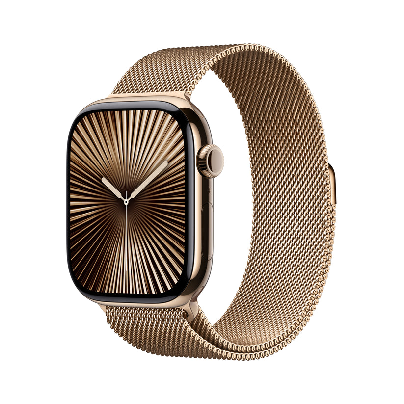 Apple Watch Series 10 GPS + Cellular, Caixa em titânio dourado de 46 mm com Loop milanesa dourada - S/M
