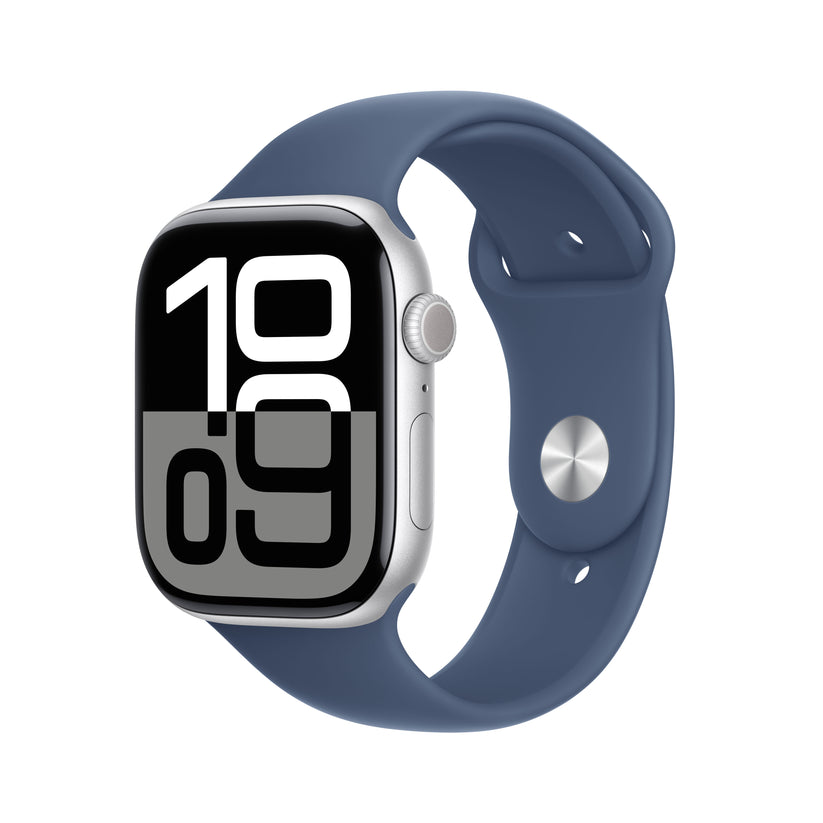 Apple Watch Series 10 GPS + Cellular, Caixa em alumínio prateado de 46 mm com Bracelete desportiva azul Denim - S/M