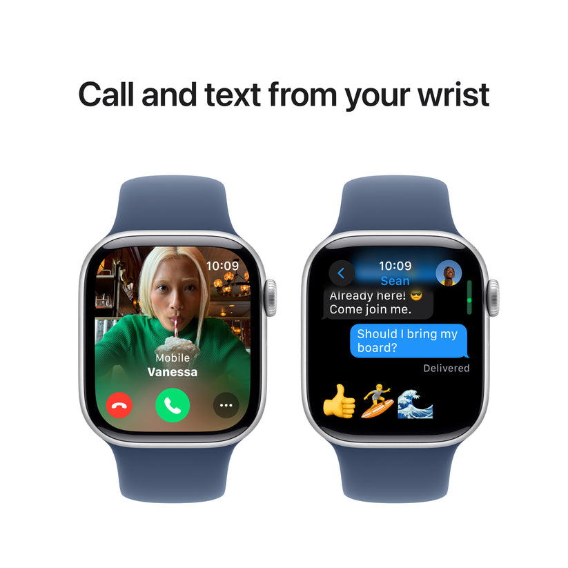 Apple Watch Series 10 GPS, Caixa em alumínio prateado de 42 mm com Bracelete desportiva azul Denim - M/L