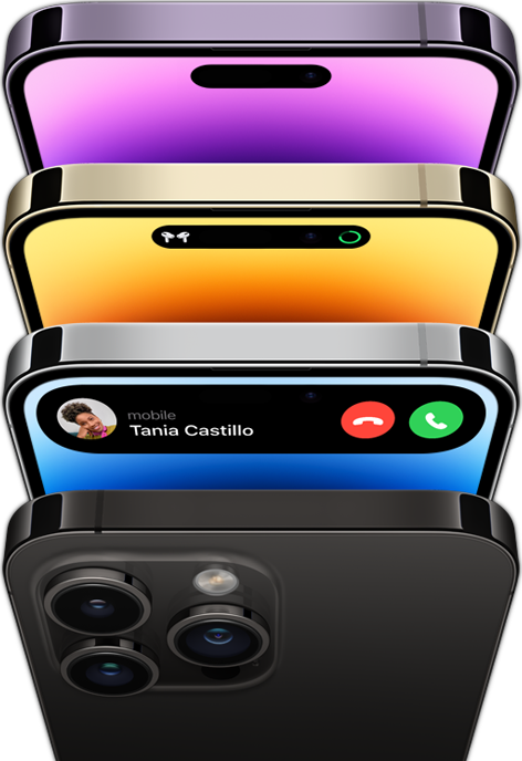 iPhone 14 Pro em quatro cores: preto sideral, azul, dourado e roxo escuro. Um modelo mostra a parte traseira do iPhone e os outros três mostram a parte frontal do ecrã.